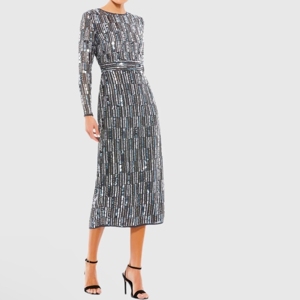NWT Mac Duggal Embellished High Neck Long Sleeve Fitted Midi Charcoal Dress 8